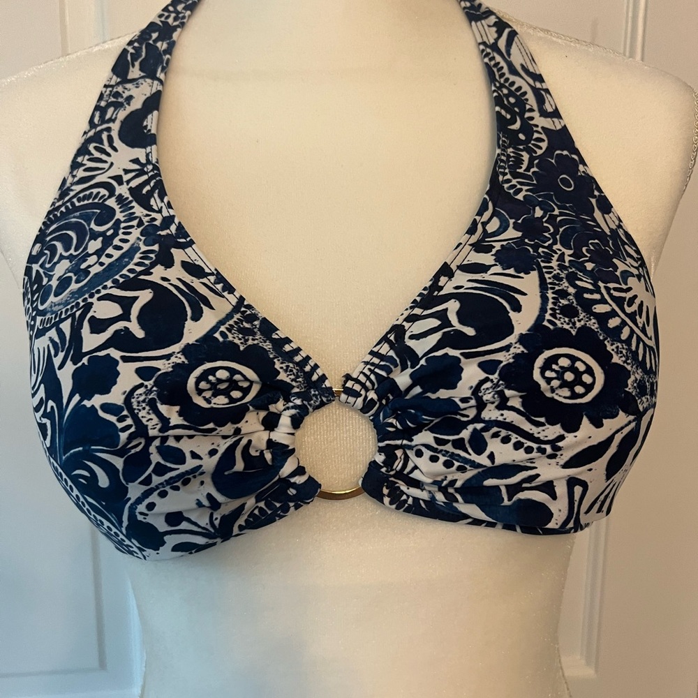Ralph Lauren Navy and White Halter Bikini Top with Gold Ring
